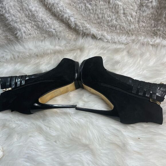 Bebe synthetic suede & lizard print hidden platform heels gold tone buckles SZ8 - Picture 8 of 13